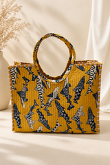 Handblock Printed Cotton Tote Bag with Unique Moon-Shaped Handle- 14x14x6 inches