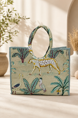 Handblock Printed Cotton Tote Bag with Unique Moon-Shaped Handle- 14x14x6 inches