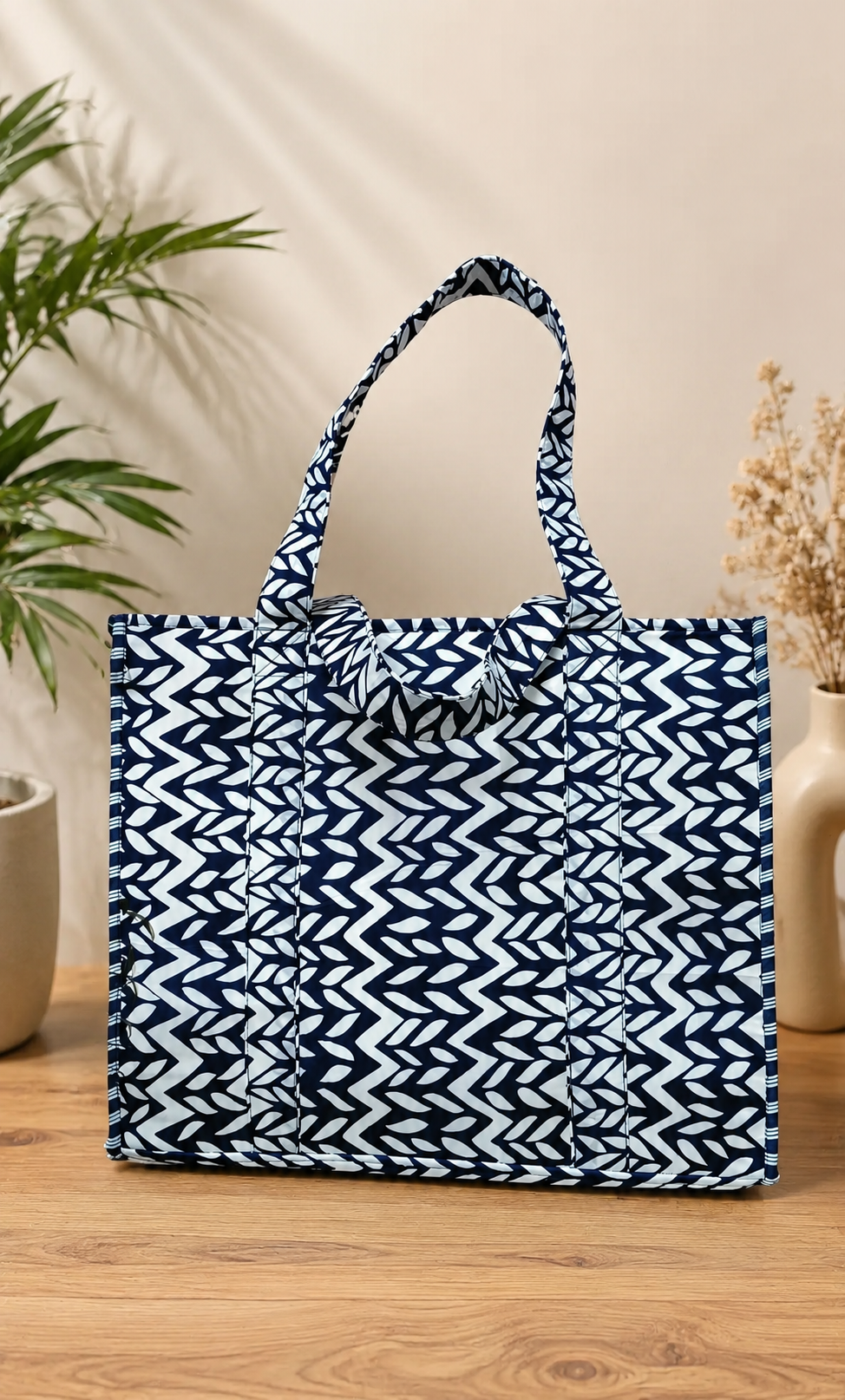 Structured Tote Bag without zip - 100% cotton Handblock printed 17x18x6 inches