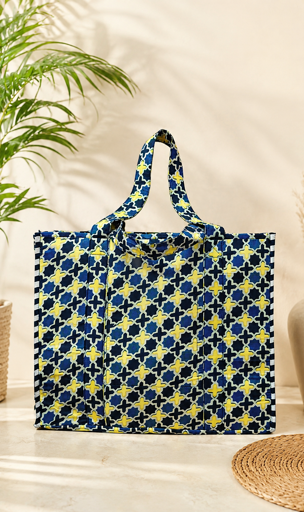 Structured Tote Bag without zip - 100% cotton Handblock printed 17x18x6 inches