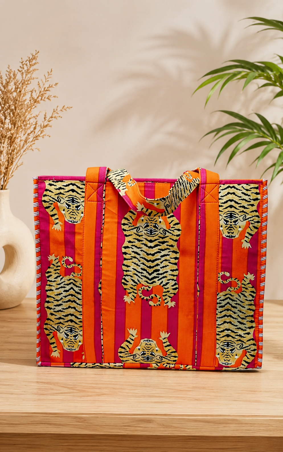Structured Tote Bag without zip - 100% cotton Handblock printed 17x18x6 inches