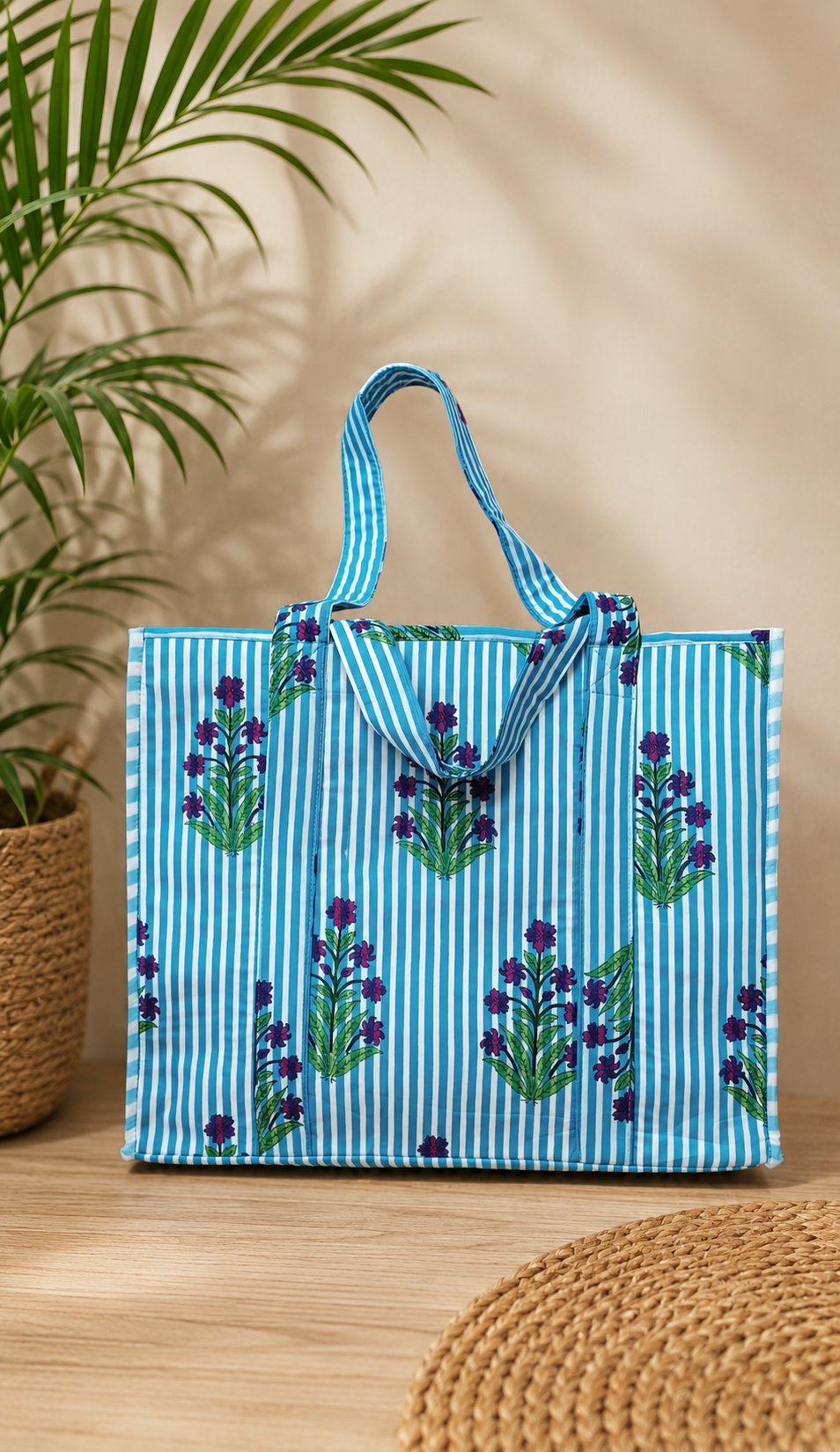 Structured Tote Bag without zip - 100% cotton Handblock printed 17x18x6 inches