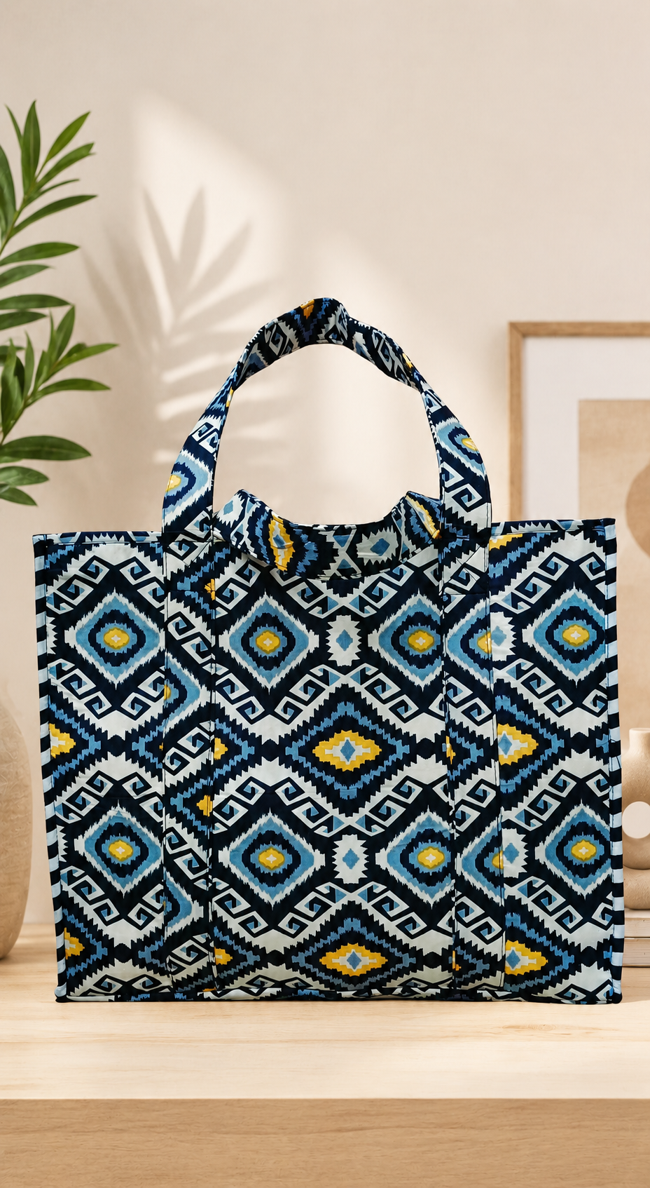 Structured Tote Bag without zip - 100% cotton Handblock printed 17x18x6 inches