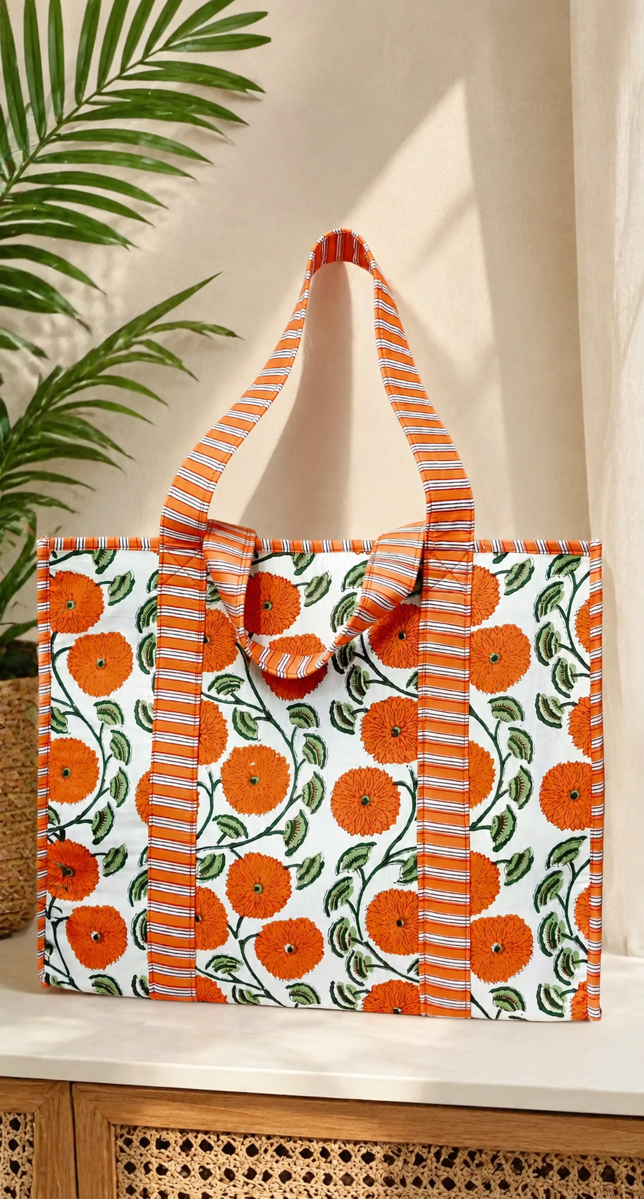 Structured Tote Bag without zip - 100% cotton Handblock printed 17x18x6 inches