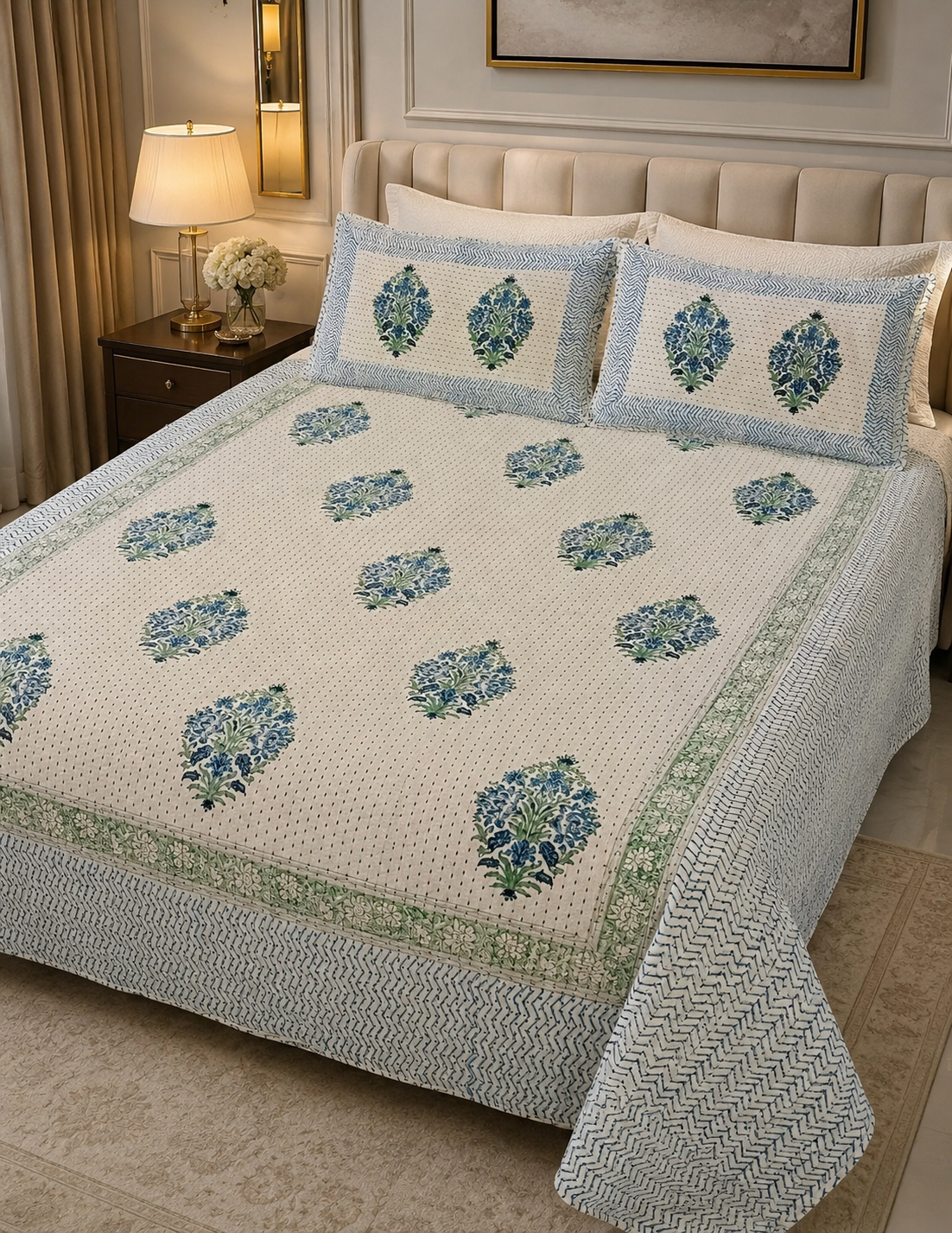 Super King Size HandBlock Printed Kantha Bedcover with 2 Pillow covers (108x108 inches)