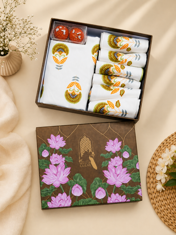 Gift Box with Handblock Printed Canvas Cotton Table Runner & Set Of 6 Mats