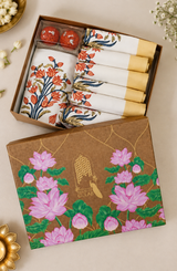 Diwali Gift Box with Handblock Printed Canvas Cotton Table Runner, Set Of 6 Mats & set of 2 Laddoo Candle