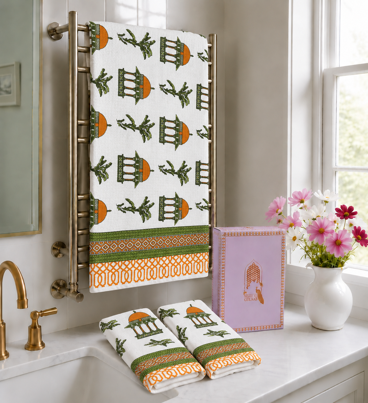 His & Her Towel Gift Set - Handblock Printed Towels - 2 Bath + 4 Hand Towels in 2 designs