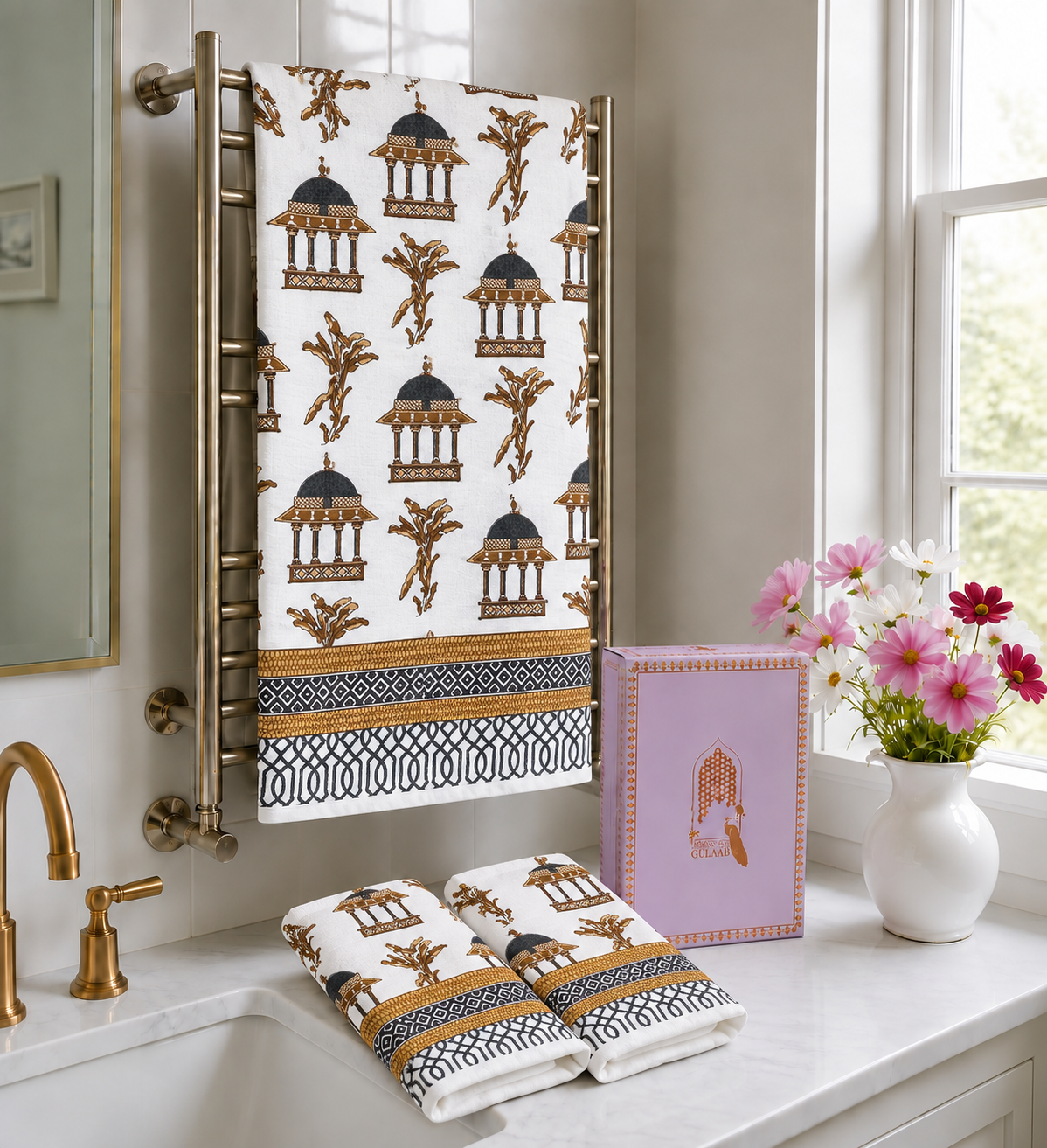 His & Her Towel Gift Set - Handblock Printed Towels - 2 Bath + 4 Hand Towels in 2 designs