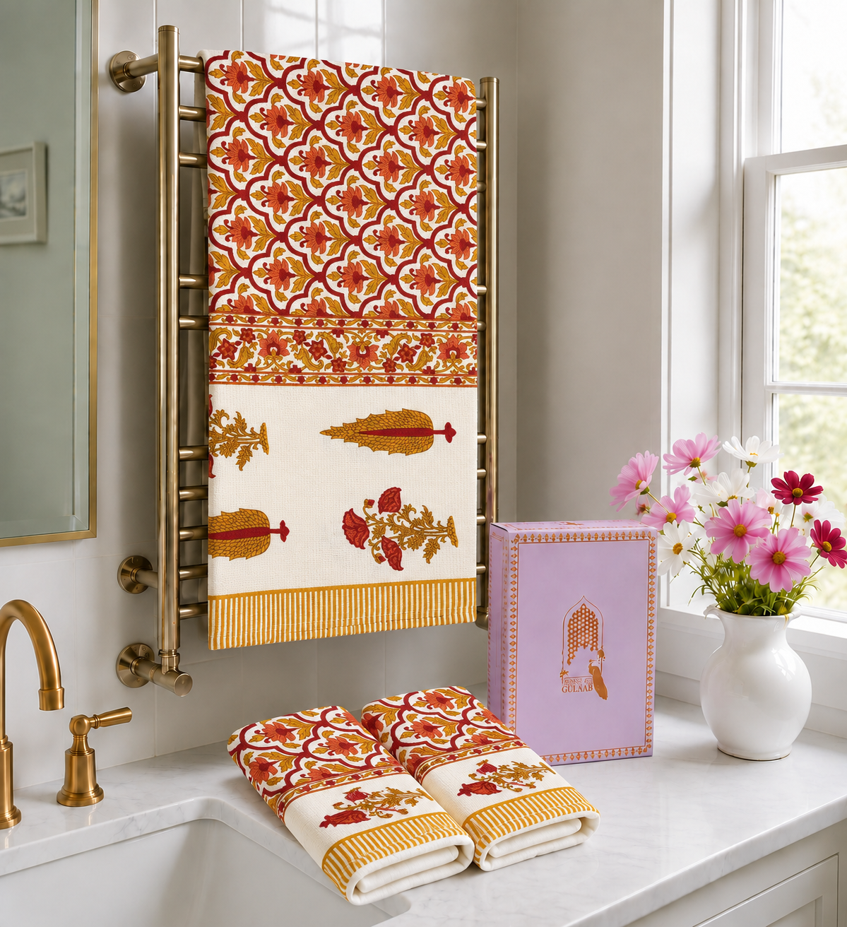 Gift Set - Handblock Printed Towels - 1 Bath + 2 Hand Towels