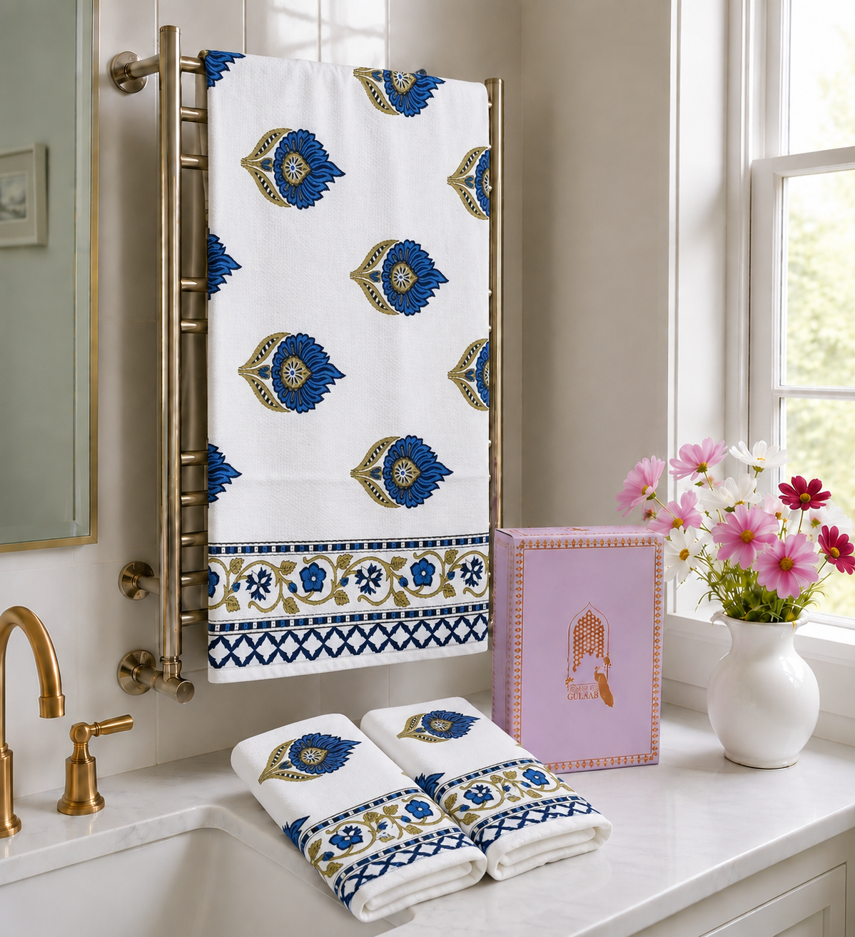 Gift Set - Handblock Printed Towels - 1 Bath + 2 Hand Towels