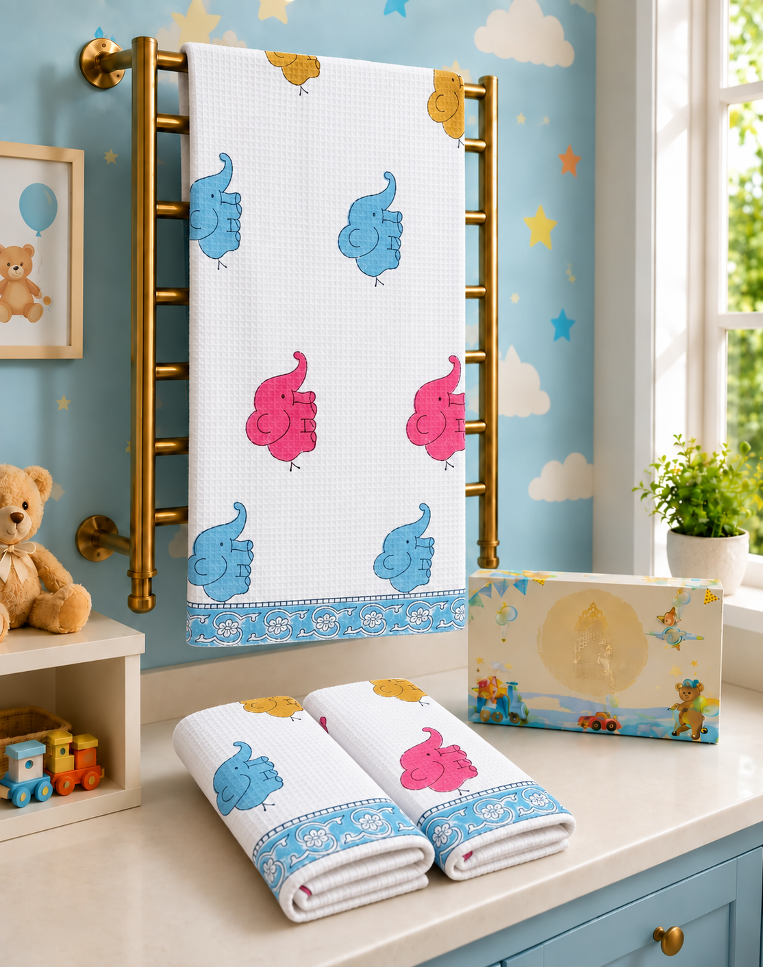 Diwali Kids Gift Set - Handblock Printed Towels - 1 Bath + 2 Hand Towels