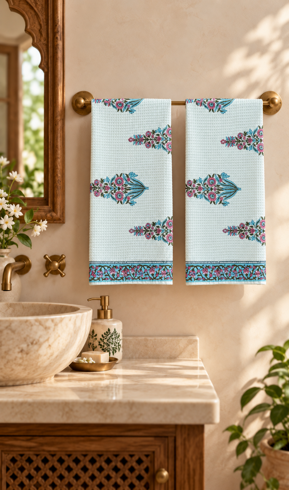 Hand Block Printed Honey Comb Cotton Hand Towel- Set of 2