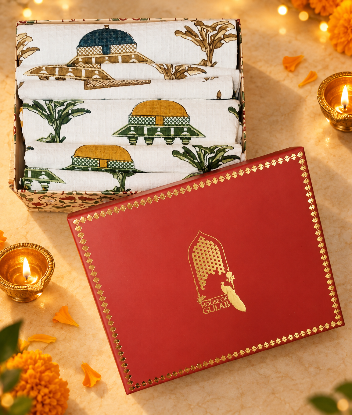 His & Her Towel Gift Set - Handblock Printed Towels - 2 Bath + 4 Hand Towels in 2 designs