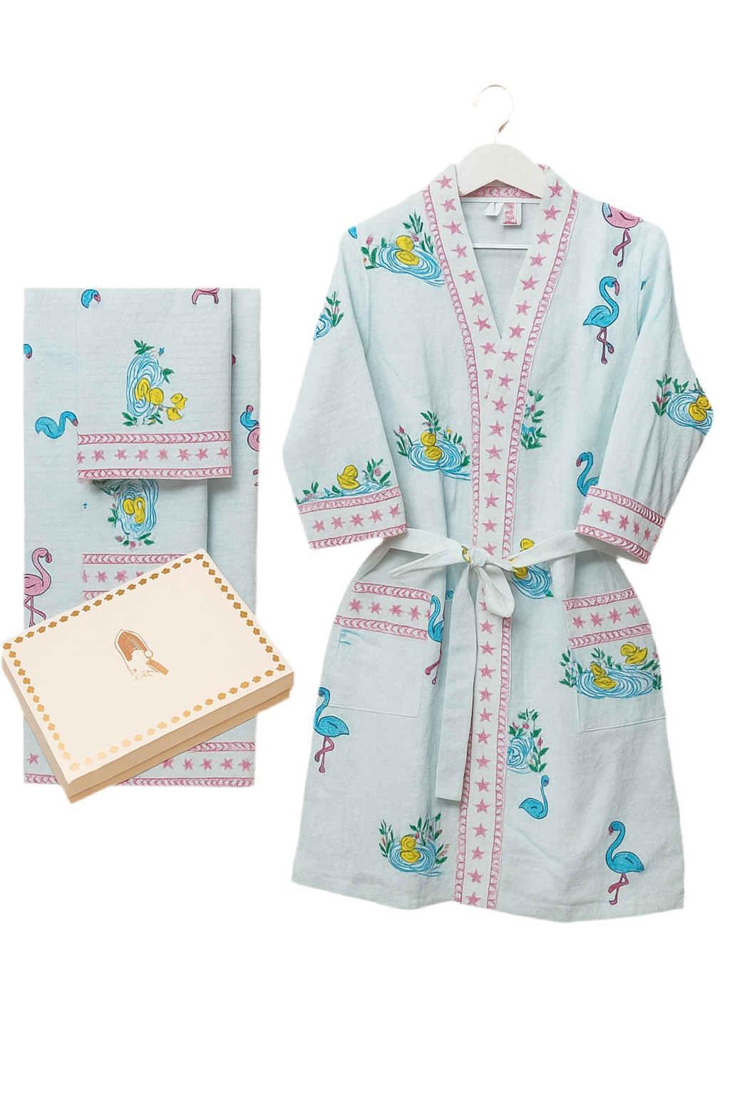 Handblock Printed Waffle Cotton Bathrobe Gift Box for Kids (4-13 Years) – Includes Bath Towel & 2 Hand Towels