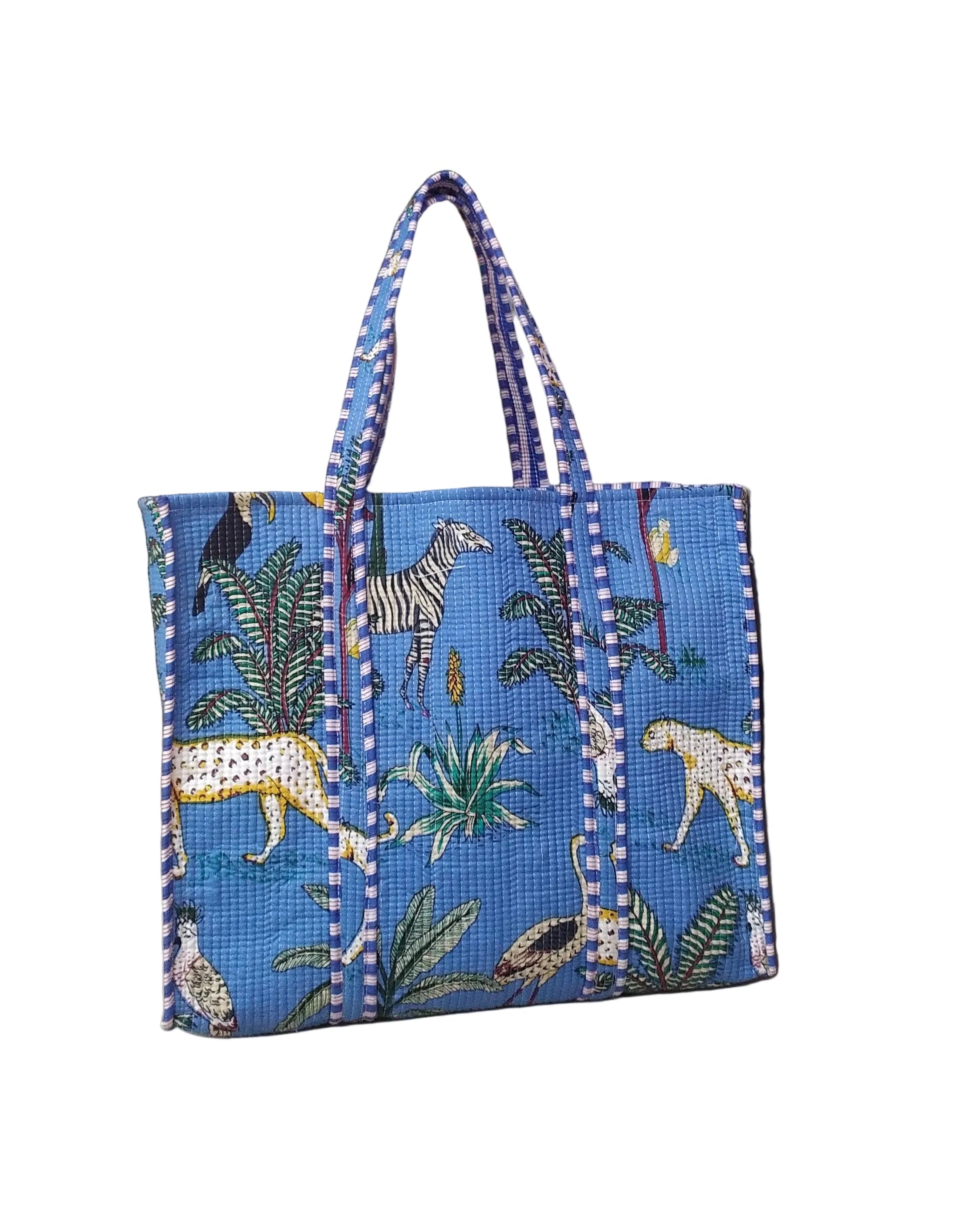 Handblock Printed Quilted Tote Bag without zip/button 17x18x 6 inches