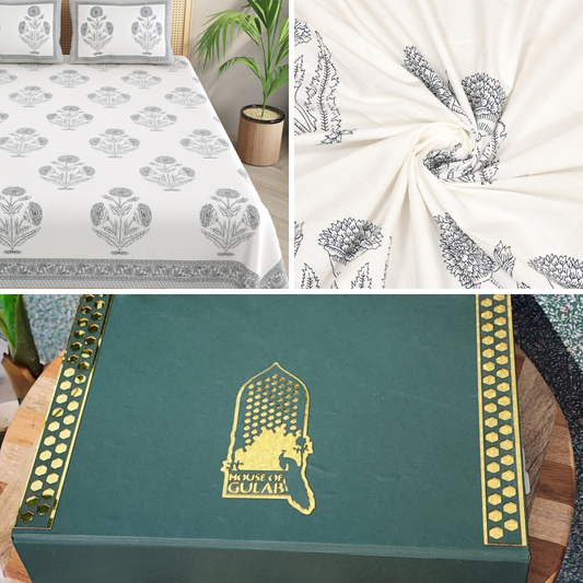Gift Box with Percale Cotton Double King Handblock Print Bedsheet with 2 Pillow Covers
