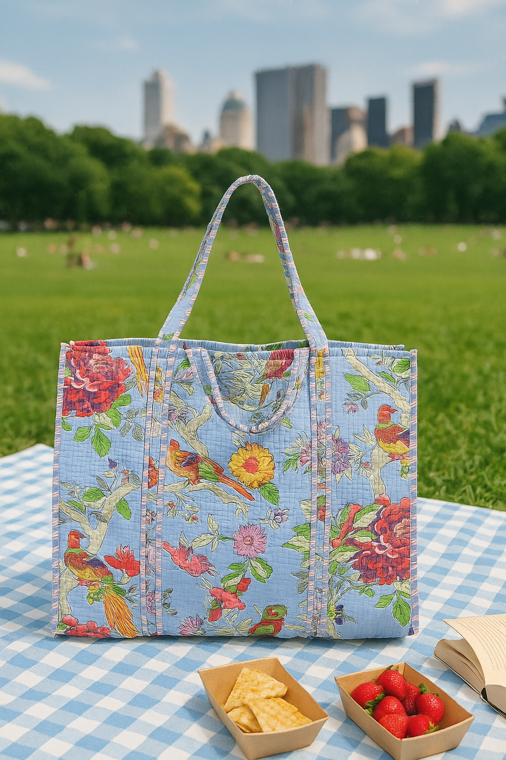 Handblock Printed Quilted Tote Bag without zip/button 17x18x 6 inches