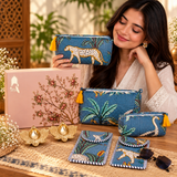 Diwali Gift Box Set of 5 Utility Pouches with Set of 2 Metal Diya (3 Makeup Pouches, 1 Sunglass Pouch, 1 Sanitary Napkin Pouch