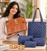 Stylish Tote Bag with 3 Coordinated Utility Pouches with Gift Box with Set of 2 Metal Diyas