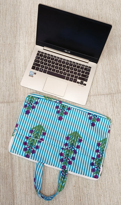 Laptop Bag with Handle -100% Cotton with handblock print and cushion support - 13-15 inches