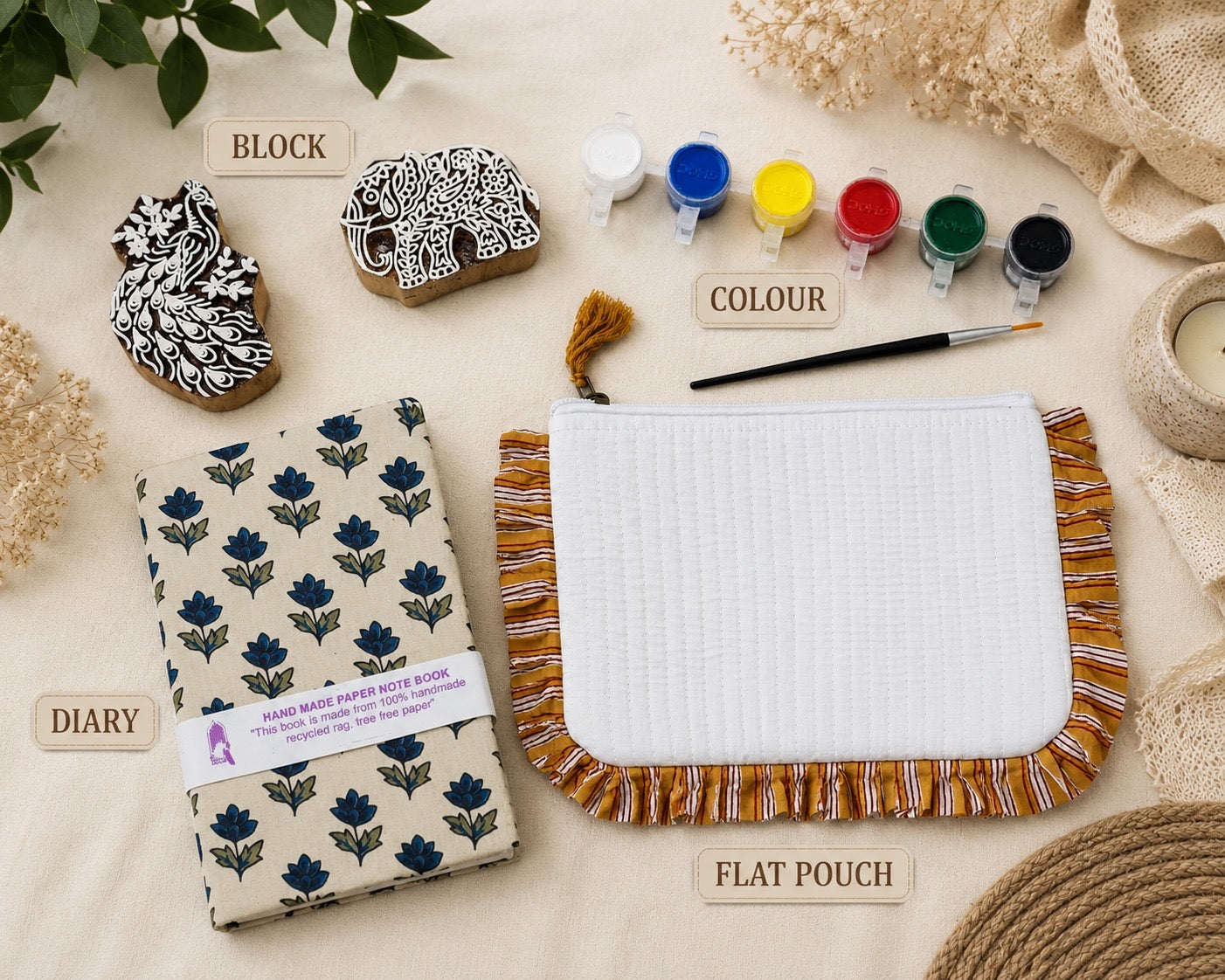 DIY Block Printing Kit – Handmade Diary, White Pouch, 2 Wooden Blocks & Paint Set