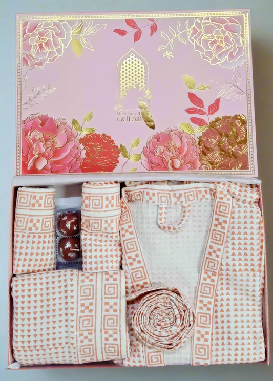 Diwali Gift Box – 1 Unisex Bathrobe, 1 Bath Towel, 2 hand Towels, 2 laddoo candles