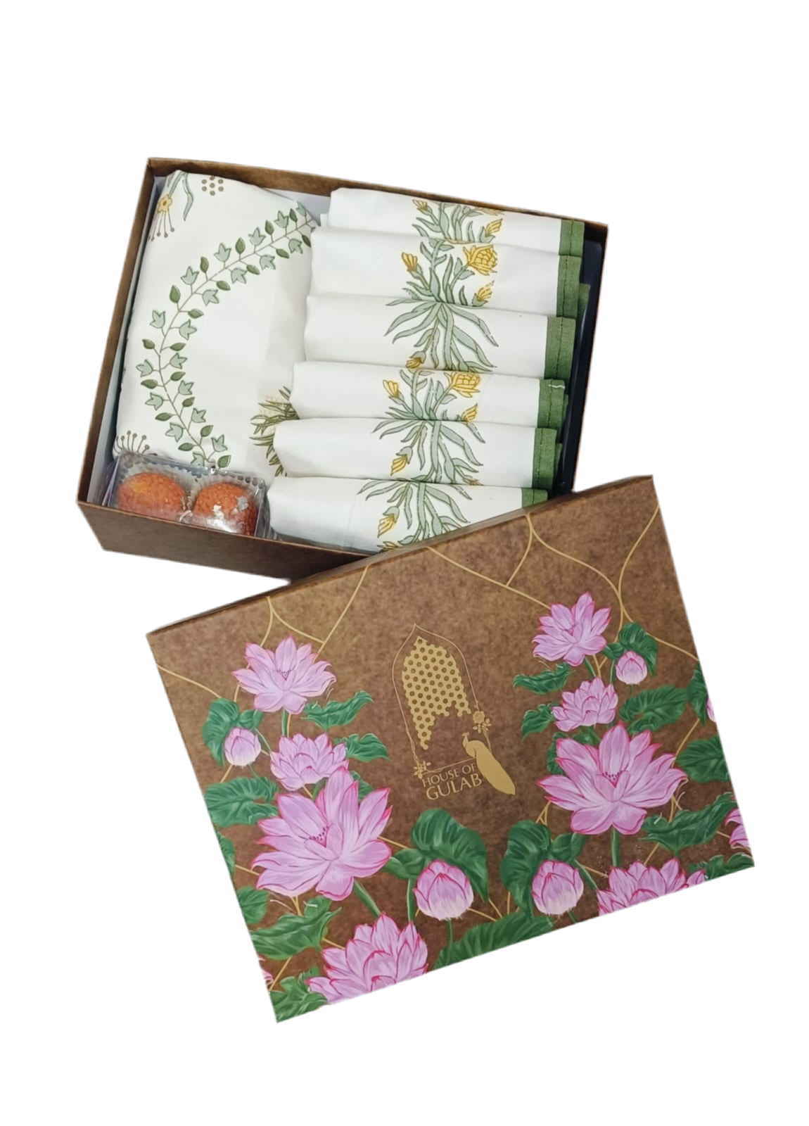 Diwali Gift Box with Handblock Printed Canvas Cotton Table Runner & Set Of 6 Mats, 2 laddoo candles
