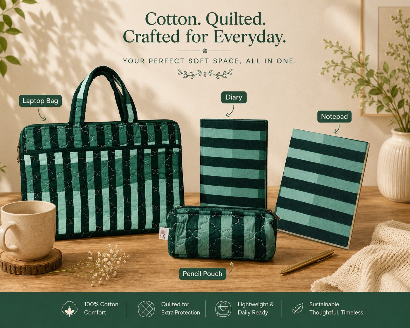 Quilted Cotton Work Gift Set – Laptop Bag, Diary, Notepad & Pencil Pouch