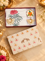 Diwali Home Décor Gift Box with 2 Cushion Covers, 1Handmade Floral Soy Wax Candle & 2 Metal Diyas