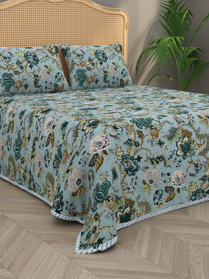 Quilted Floral Printed Reversible Bedcover with 2 Pillow Covers