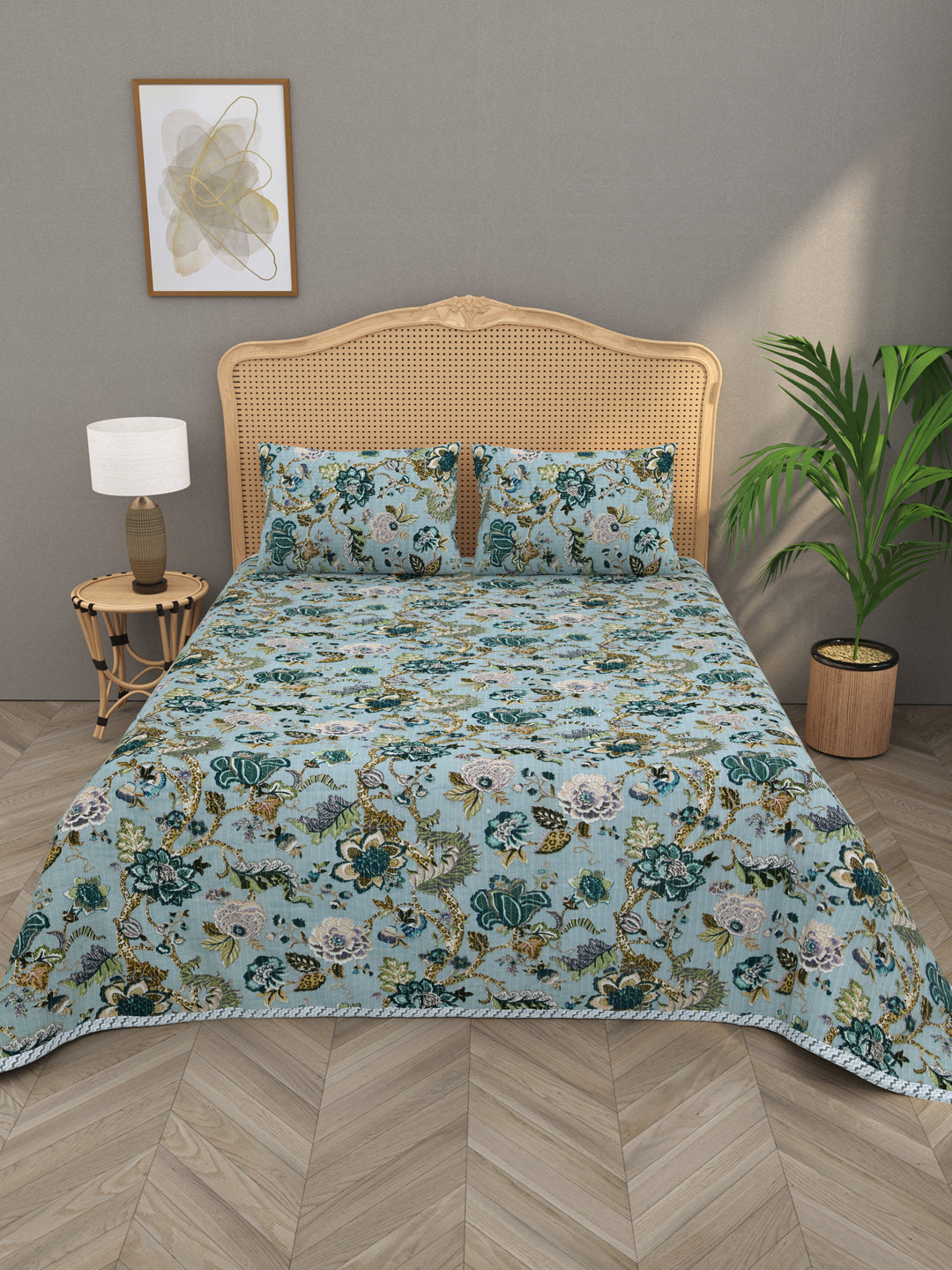 Quilted Floral Printed Reversible Bedcover with 2 Pillow Covers