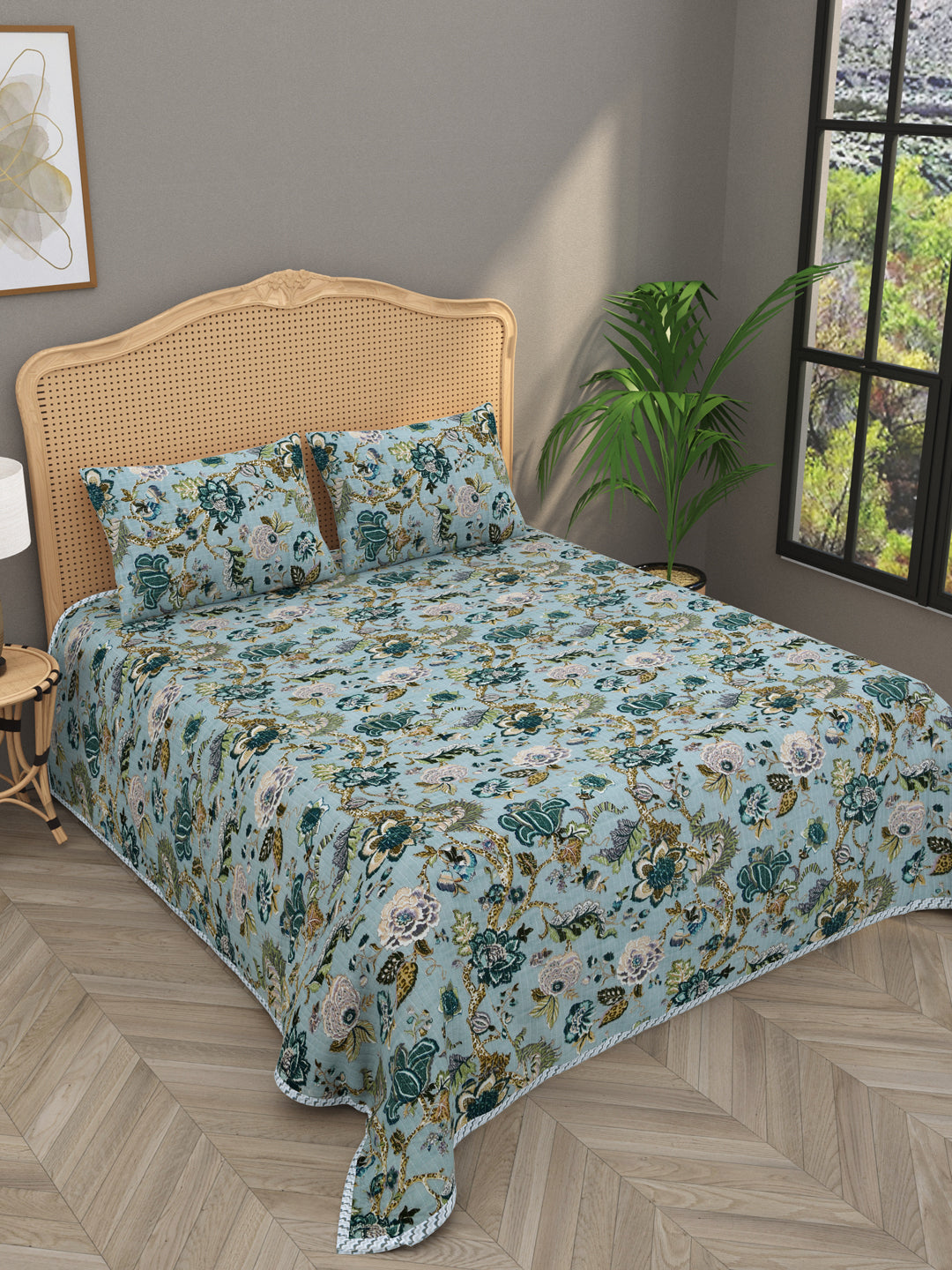 Quilted Floral Printed Reversible Bedcover with 2 Pillow Covers