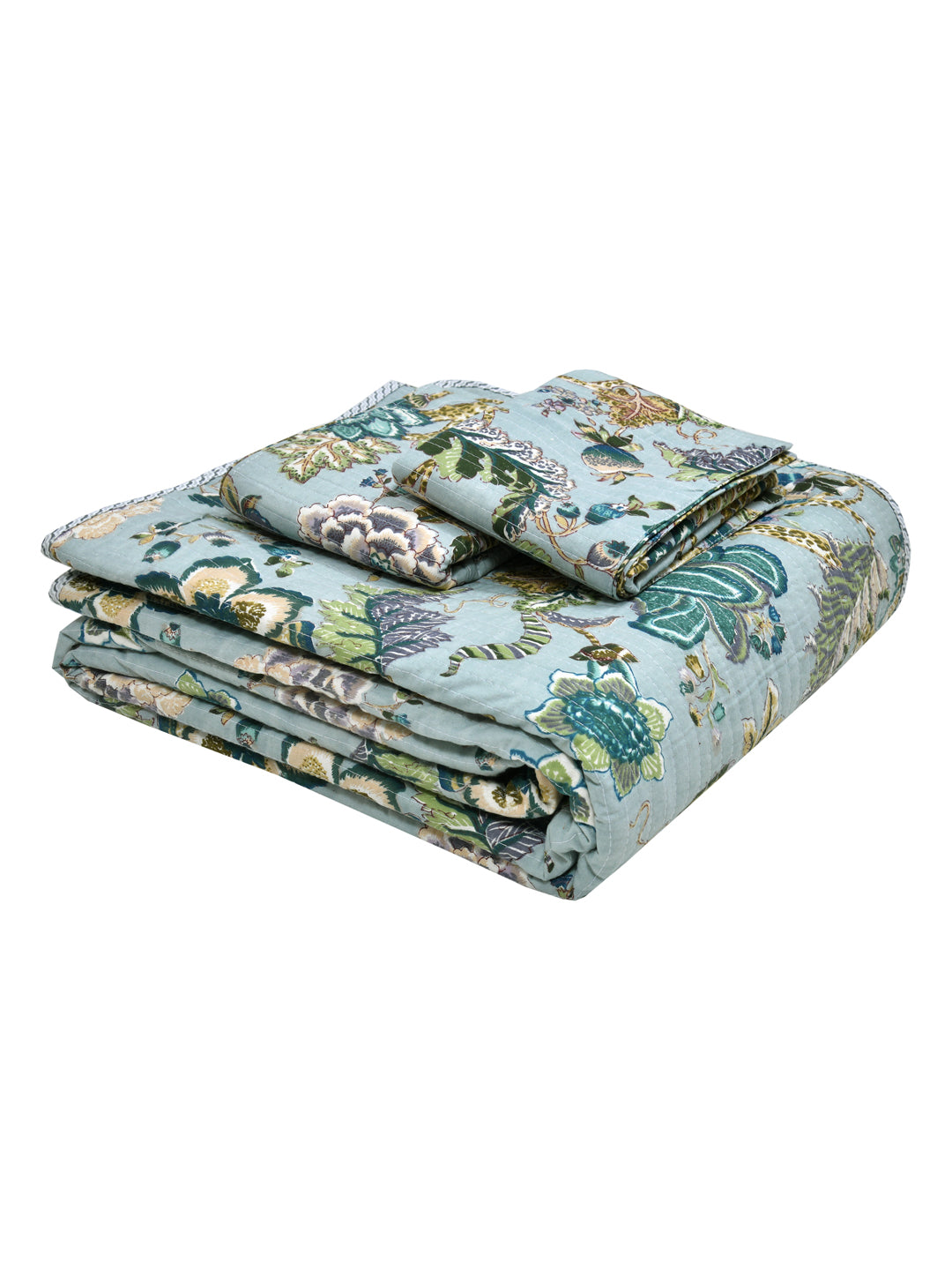 Quilted Floral Printed Reversible Bedcover with 2 Pillow Covers