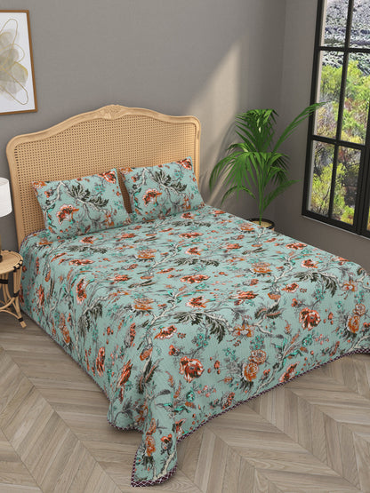 Quilted Floral Printed Reversible Bedcover with 2 Pillow Covers