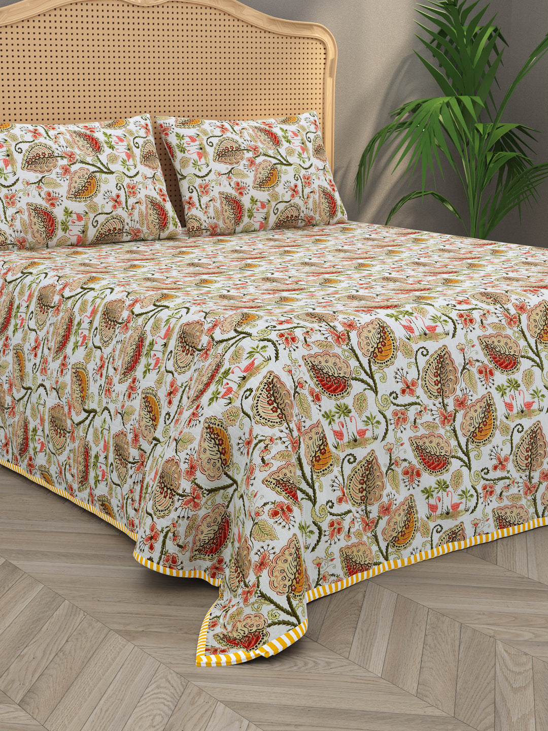 Quilted Floral Printed Reversible Bedcover with 2 Pillow Covers