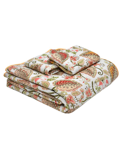 Quilted Floral Printed Reversible Bedcover with 2 Pillow Covers