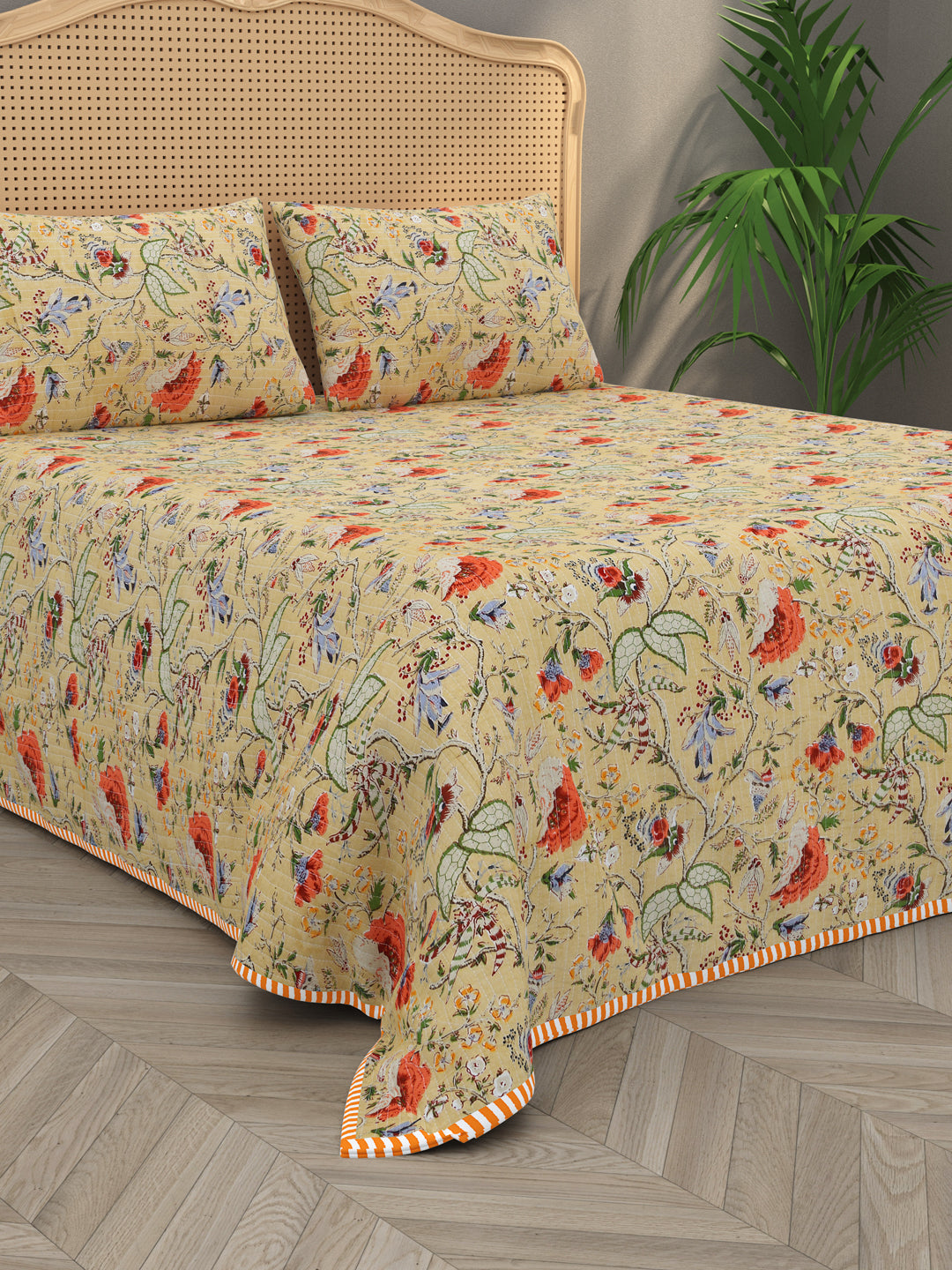 Quilted Floral Printed Reversible Bedcover with 2 Pillow Covers