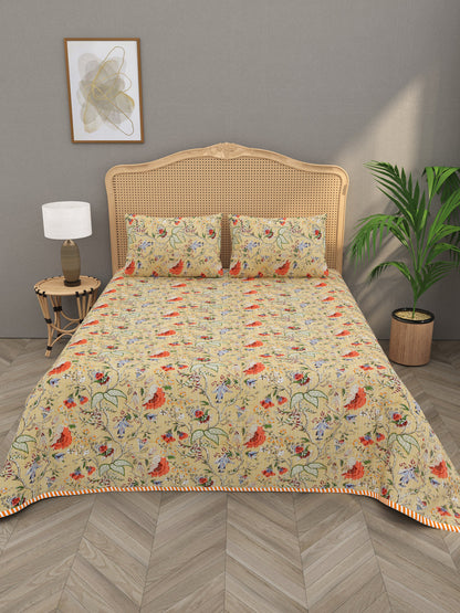 Quilted Floral Printed Reversible Bedcover with 2 Pillow Covers