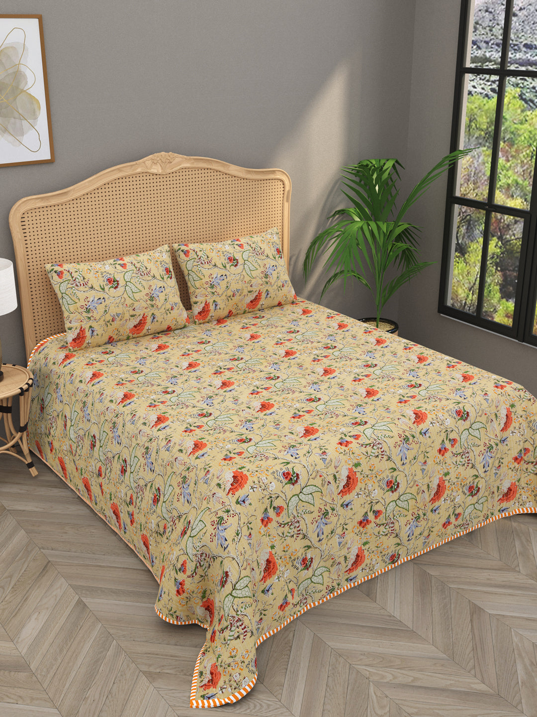 Quilted Floral Printed Reversible Bedcover with 2 Pillow Covers