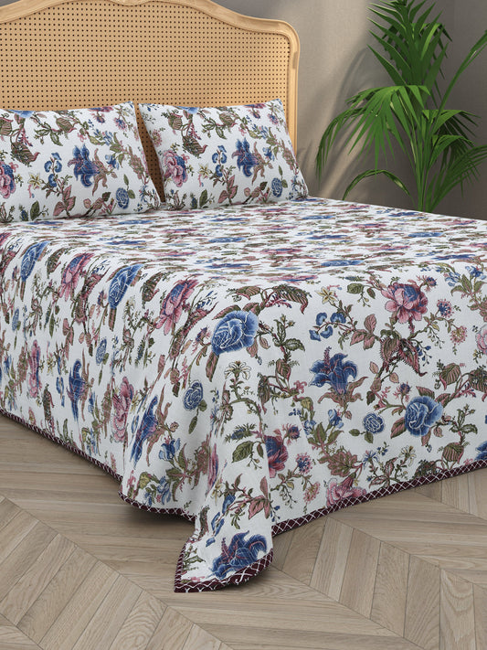 Quilted Floral Printed Reversible Bedcover with 2 Pillow Covers