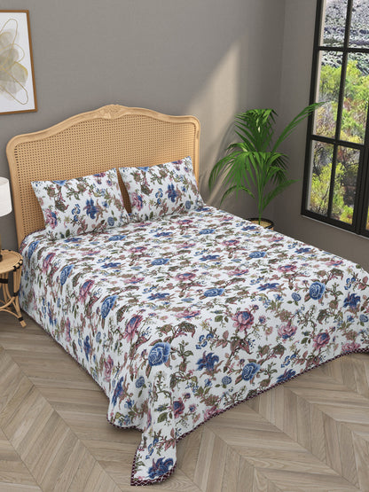 Quilted Floral Printed Reversible Bedcover with 2 Pillow Covers