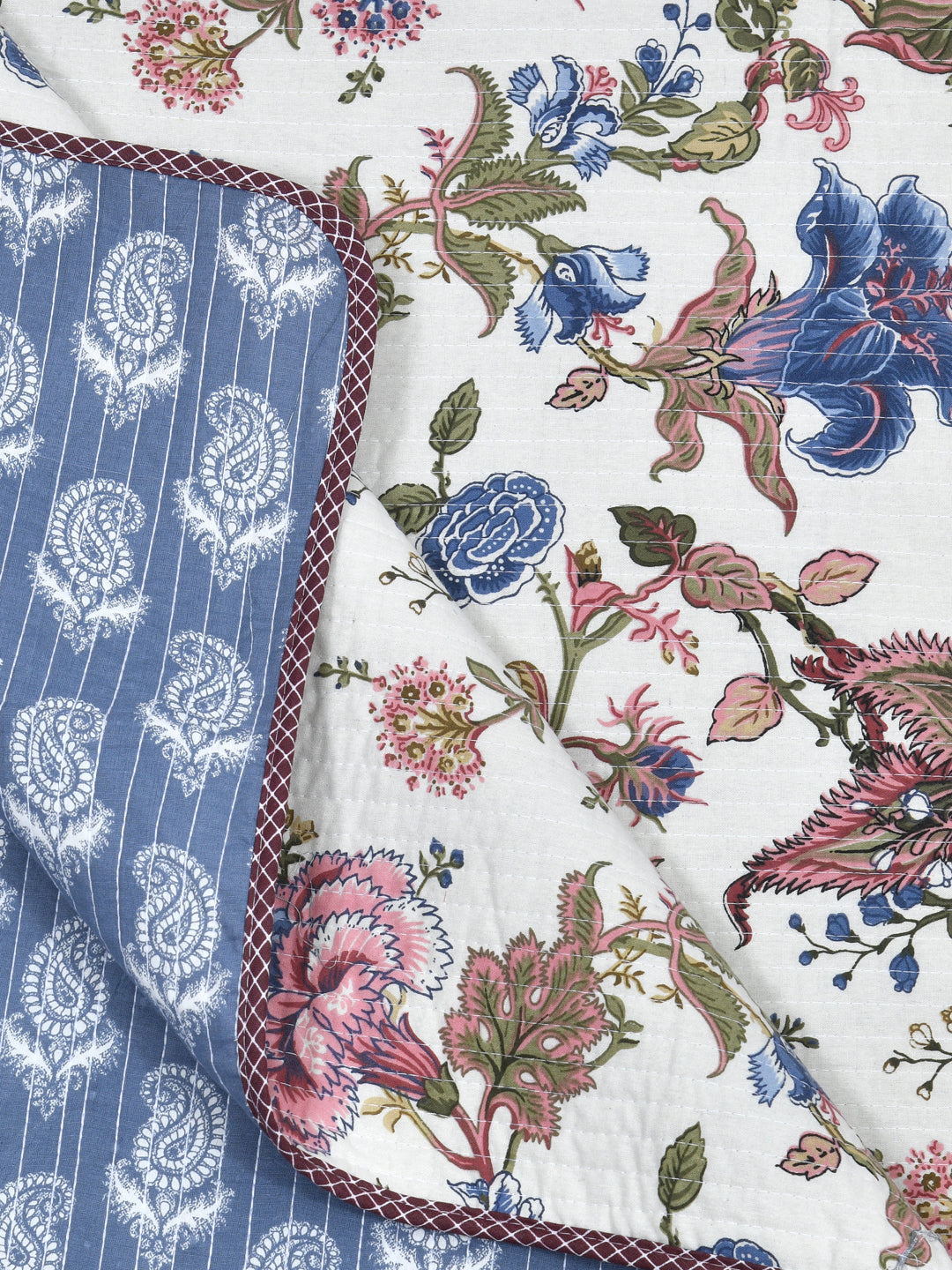 Quilted Floral Printed Reversible Bedcover with 2 Pillow Covers