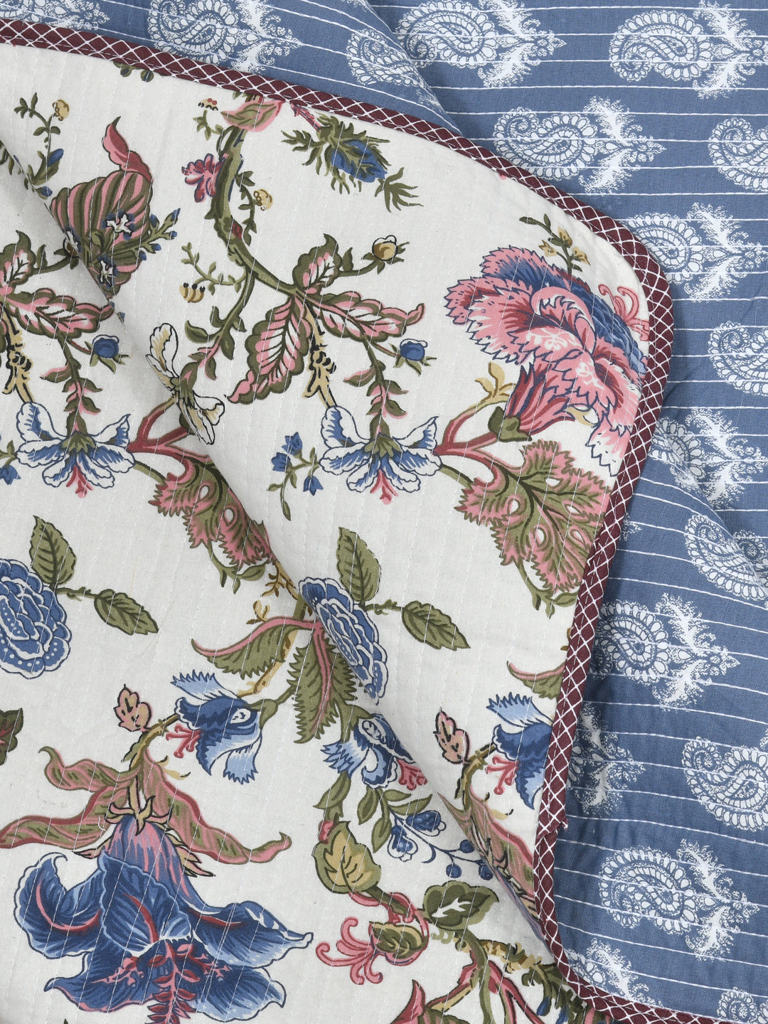 Quilted Floral Printed Reversible Bedcover with 2 Pillow Covers