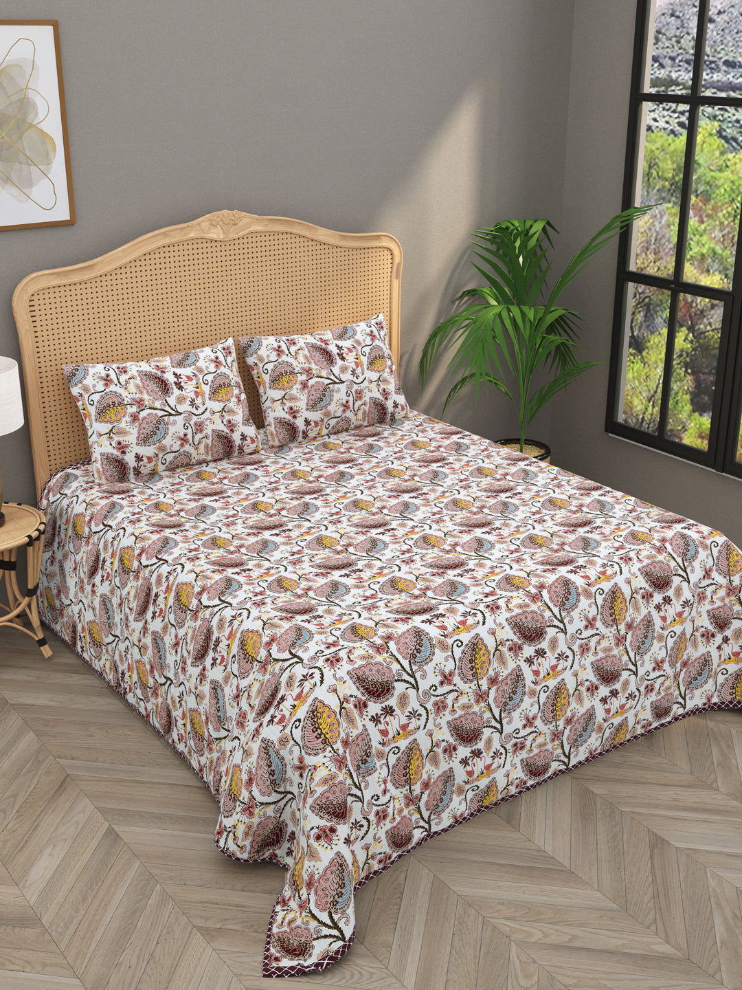 Quilted Floral Printed Reversible Bedcover with 2 Pillow Covers