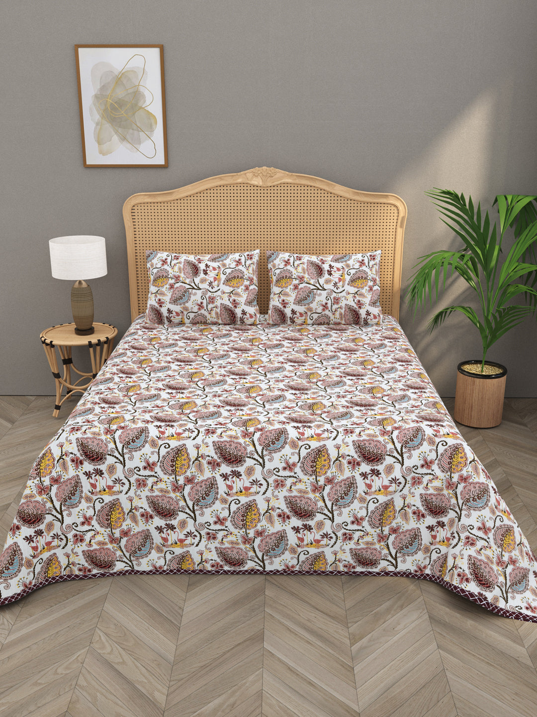 Quilted Floral Printed Reversible Bedcover with 2 Pillow Covers