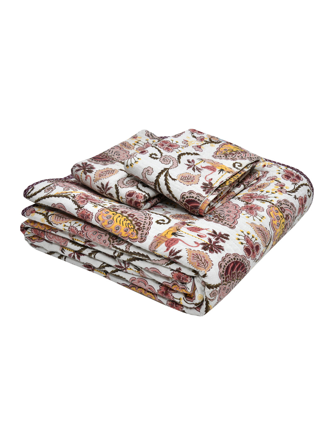 Quilted Floral Printed Reversible Bedcover with 2 Pillow Covers