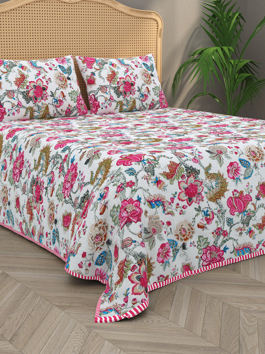 Quilted Floral Printed Reversible Bedcover with 2 Pillow Covers