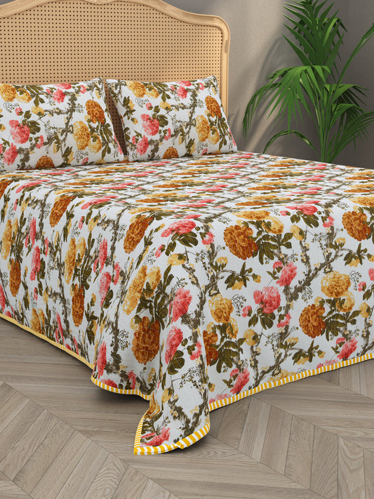 Quilted Floral Printed Reversible Bedcover with 2 Pillow Covers