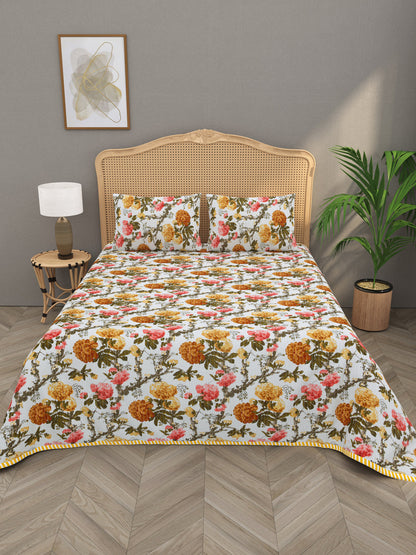 Quilted Floral Printed Reversible Bedcover with 2 Pillow Covers